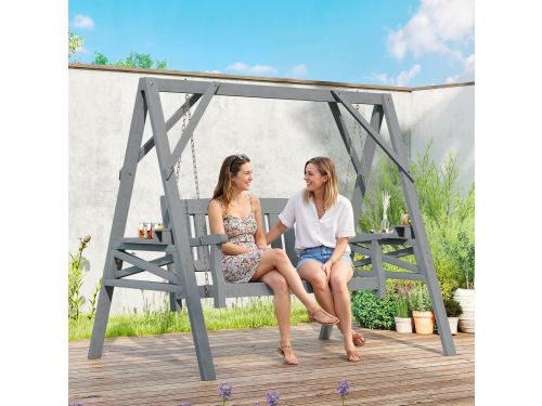 Pugsdrly 2-zits tuinschommel, houten schommelbank met opbergvakken, bekerhouders en metalen