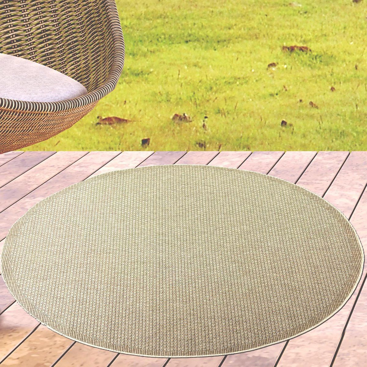 rond buitenkleed beige met sisal look voor balkon en tuin