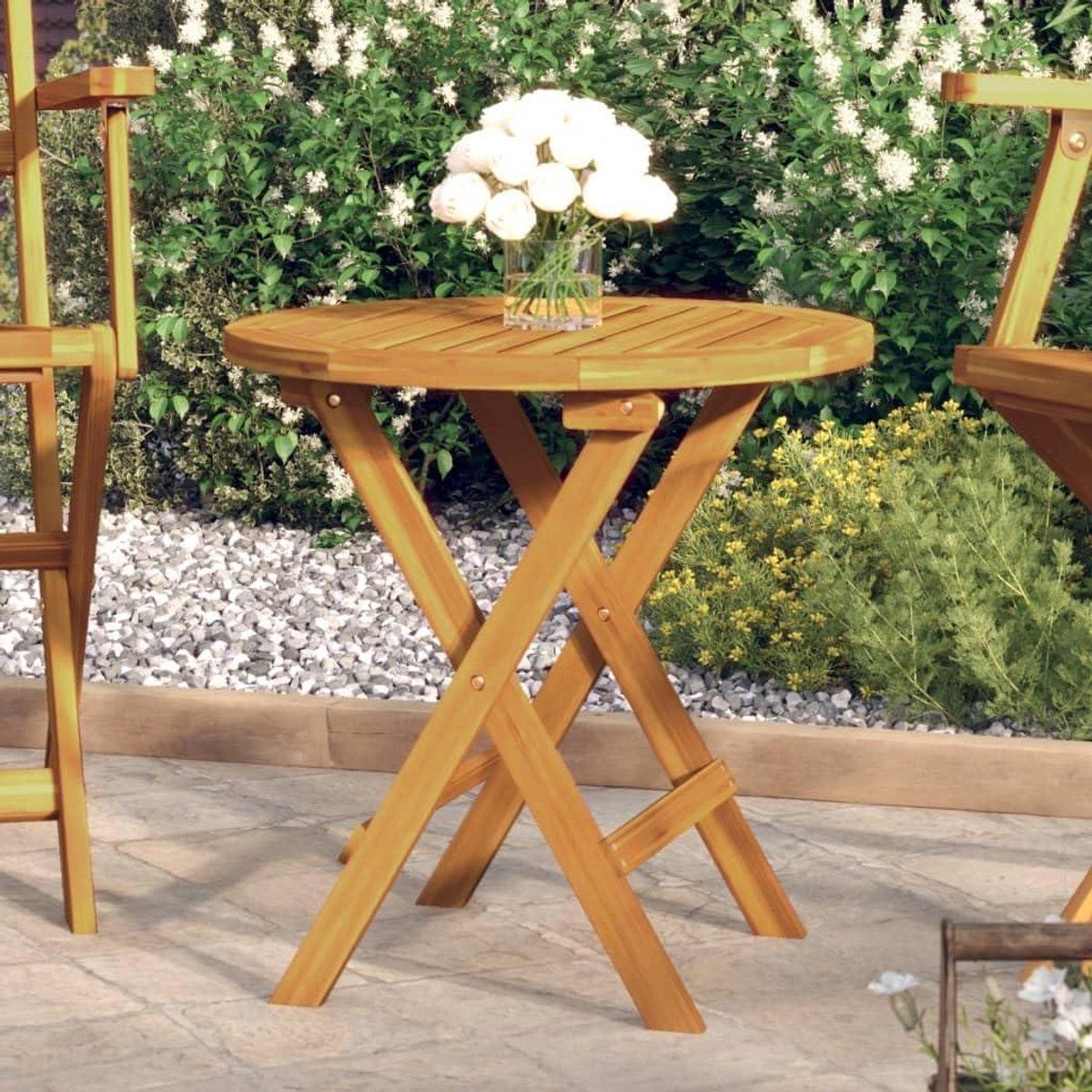 ronde bistrotafel klaptafel tuin genieten buiten massief