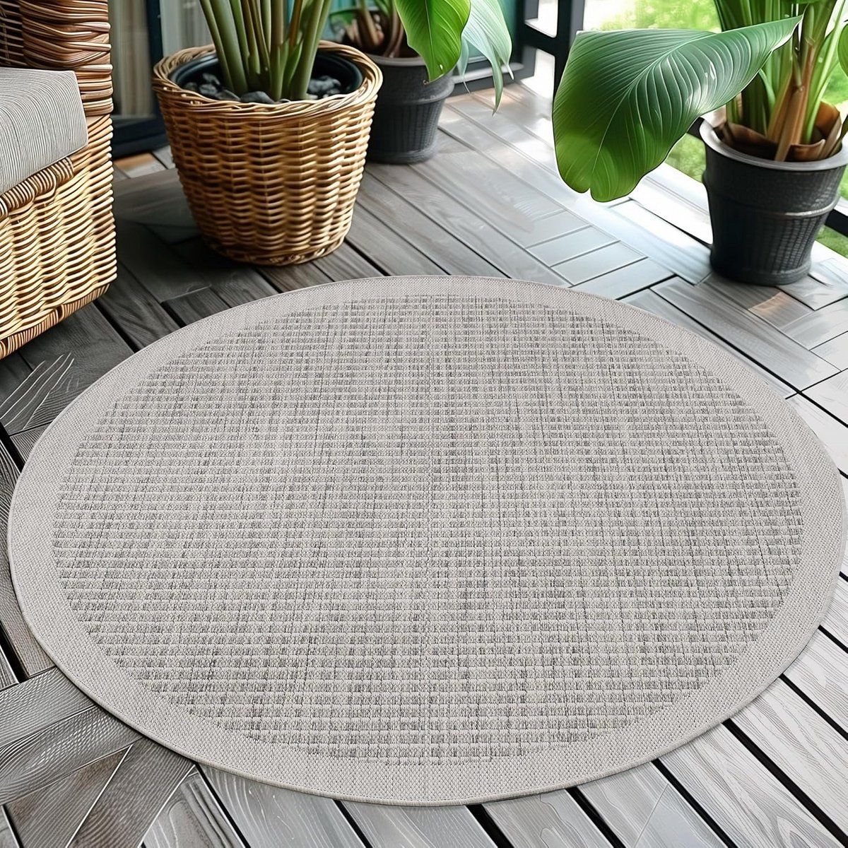 ronde buitenmat weerbestendig grijs 160 cm platgeweven tuintapijt met