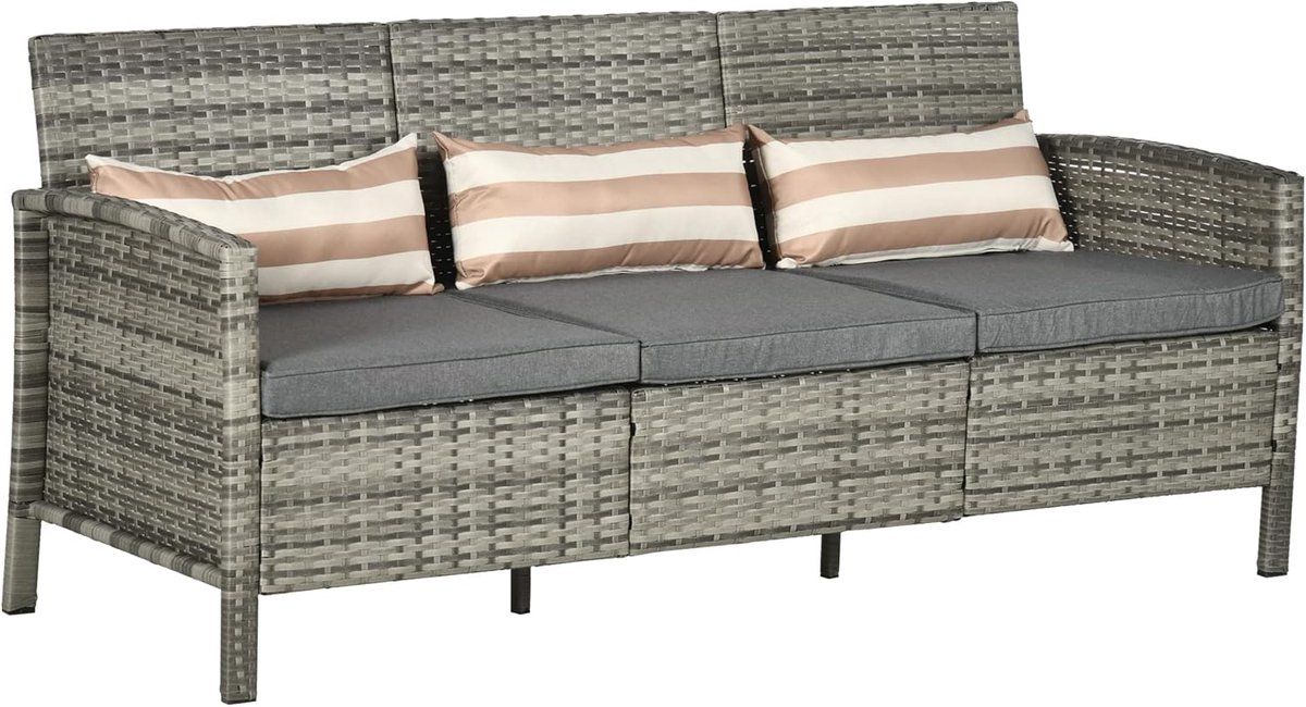 rotan bank met kussens, driezits, loungebank, staal, grijs