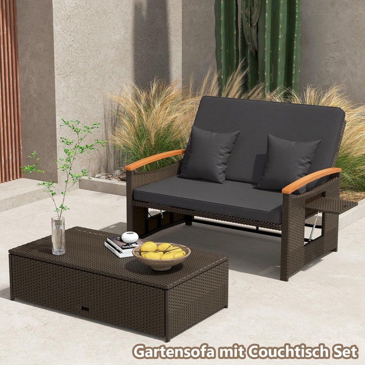 rotan tuinbank met ligfunctie 164 x 72 x 88 cm