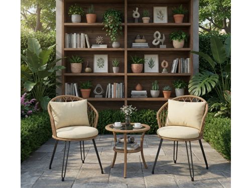 Scandinavische Balkonset 3-Delig Rotan | 2 Ergonomische Stoelen met Kussens