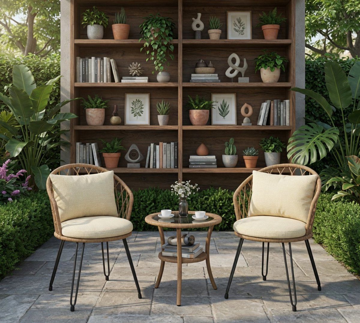 scandinavische balkonset 3 delig rotan | 2 ergonomische stoelen met kussens
