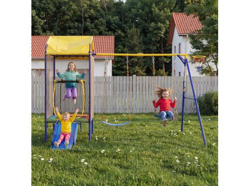 Schommelbank Multifunctioneel Buitenspeeltoestel Met Trampoline Dubbele Schommel Glijbaan En Basketbalring