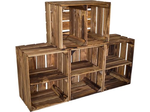 Set van 4 Gevlamde Houten Kisten 40x30x25cm - Robuuste Opslag