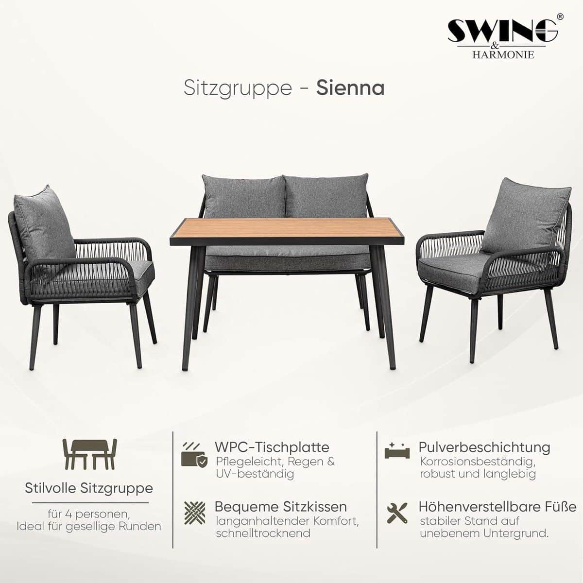 sienna luxe 4 persoons outdoor rope loungeset met bank