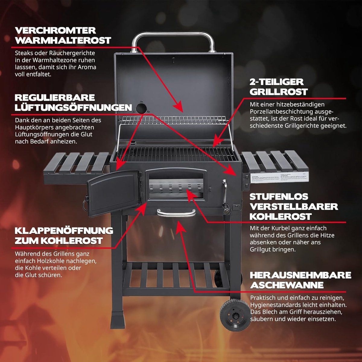 smokemaster titan xl houtskool bbq smoker grillwagen met inklapbare zijtafels
