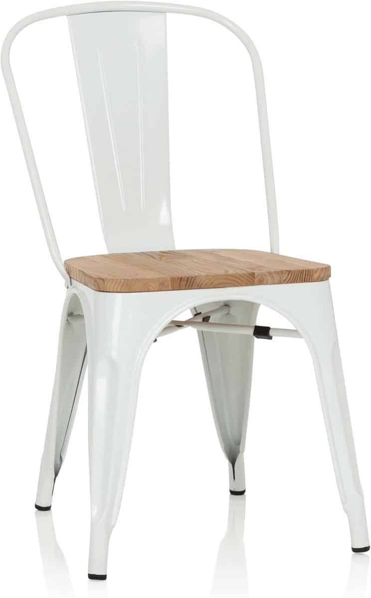 stapelbare bistrostoel industrieel design met houten zitting en metalen frame