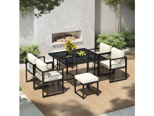 Sweiko Tuin Dining Loungeset - 7-Delig - Glazen Tafelblad