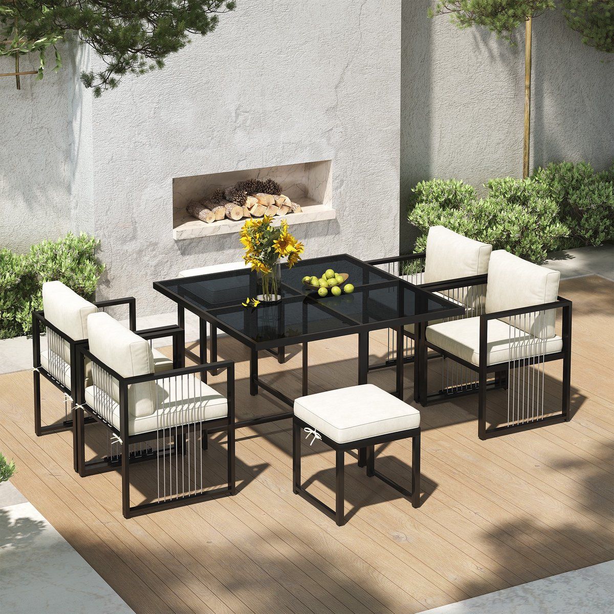 sweiko tuin dining loungeset 7 delig glazen tafelblad