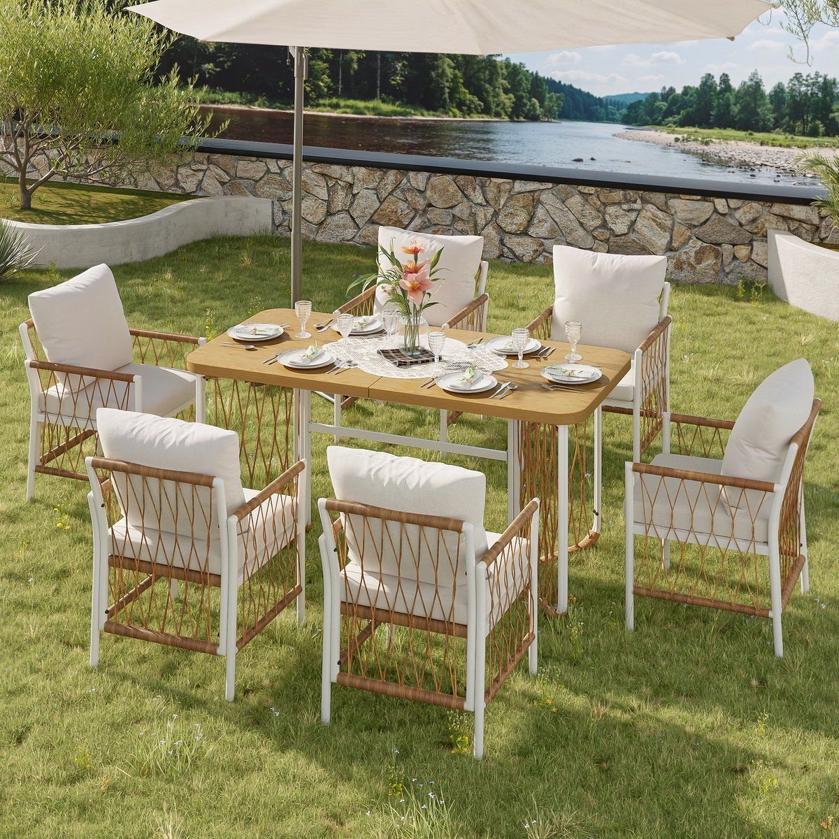 sweiko tuin dining loungeset eettafel + 6 fauteuils