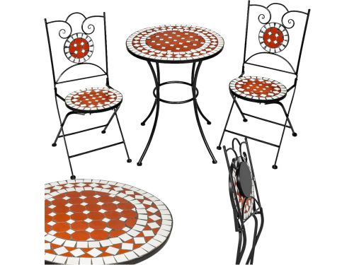 tectake® Terracotta Mozaïek Bistroset - Ronde Bijzettafel met 2 Stoelen