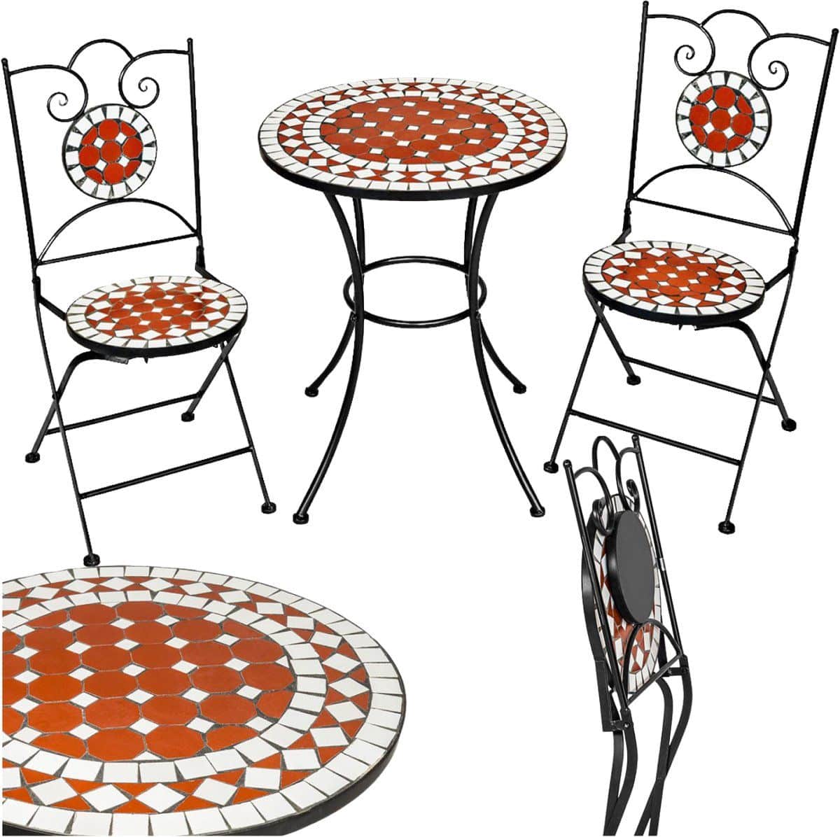 tectake® terracotta mozaïek bistroset ronde bijzettafel met 2 stoelen