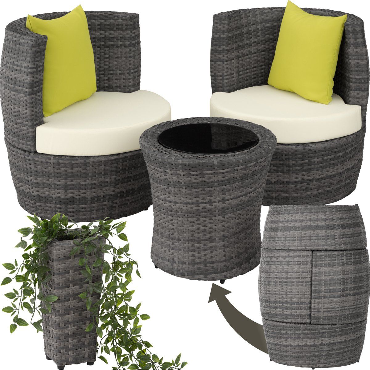 tectake® wicker zitgroep balkonset nice incl. plantenbak