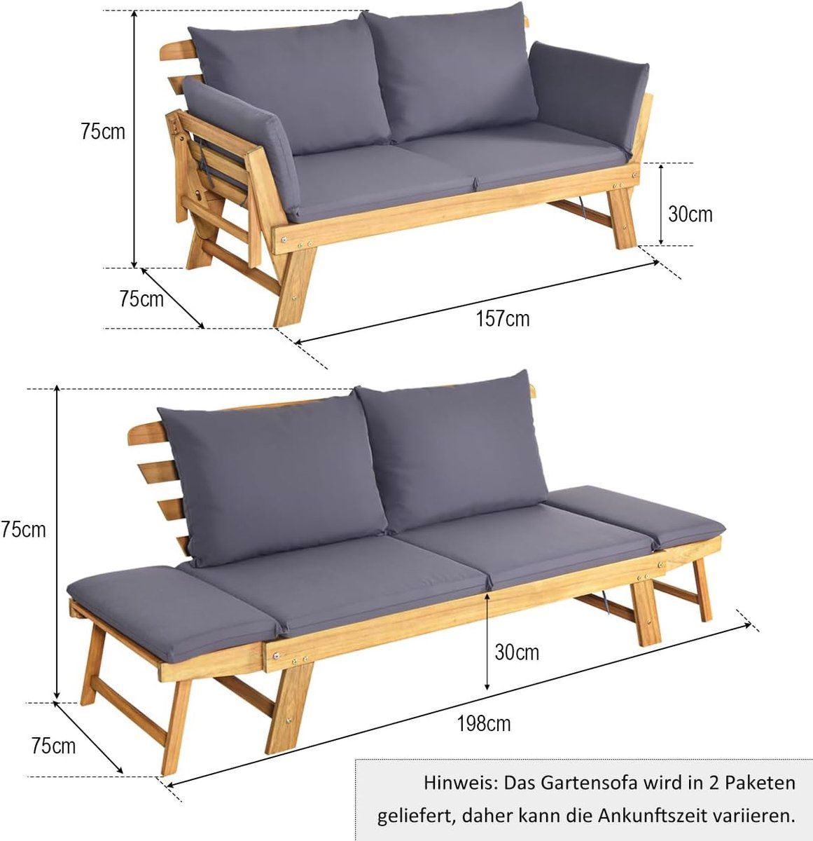 tuin slaapbank 198x75x75 cm omvormbare houten loungesofa met verstelbare