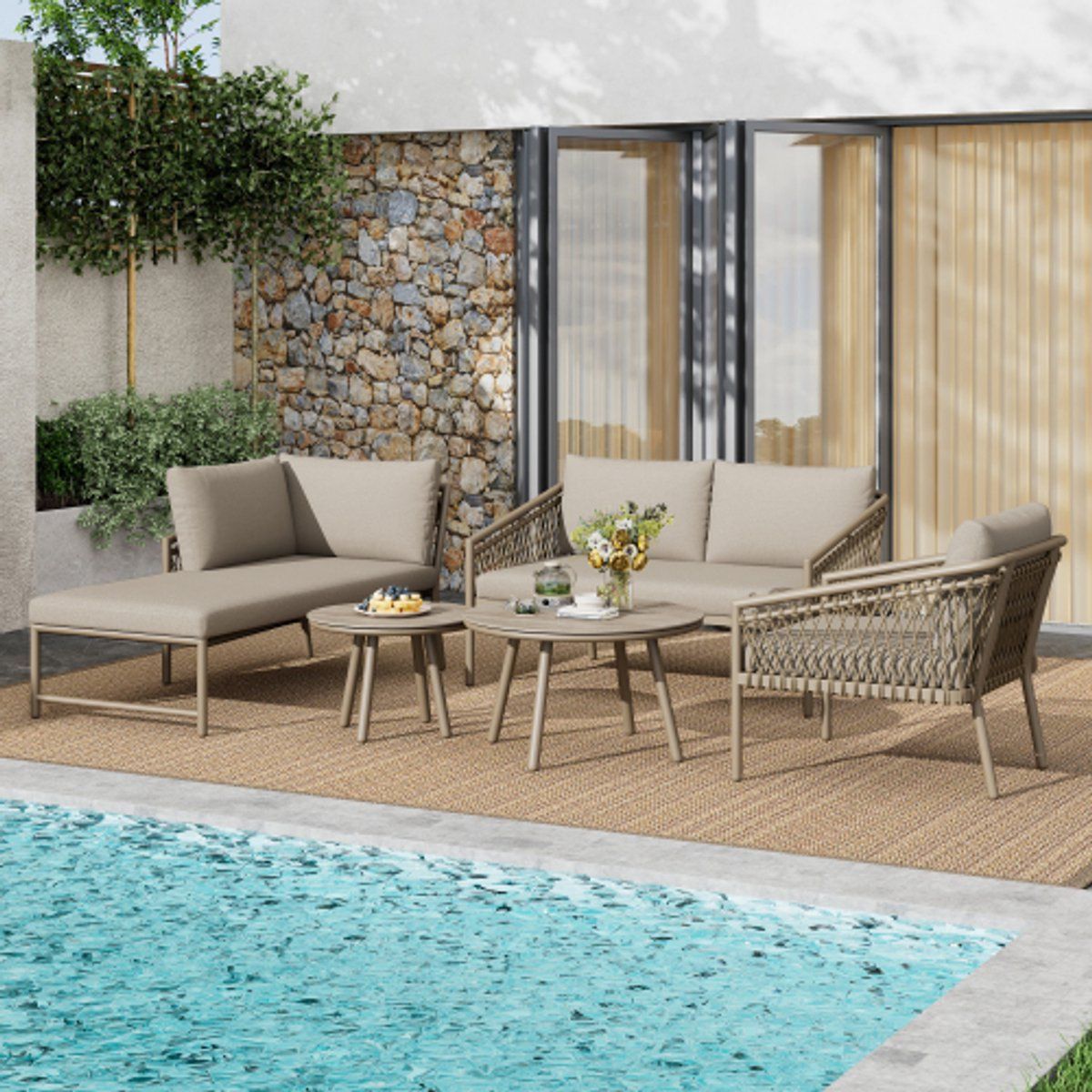 tuinloungeset, tuinmeubelset van touw, moderne buitensofaset van handgeweven touw