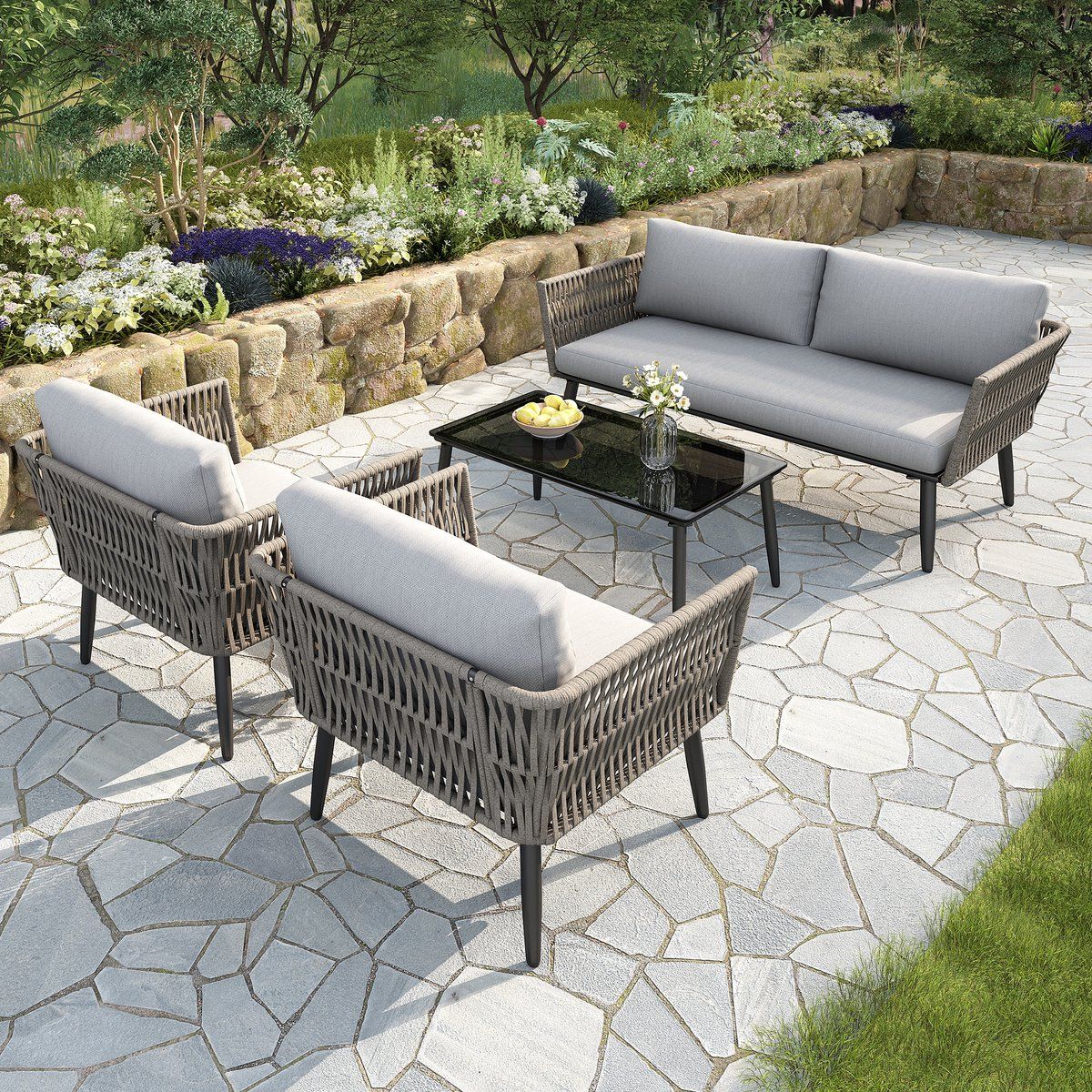 tuinmeubelset 2 zits bank 2 stoelen en tafel comfortkussens