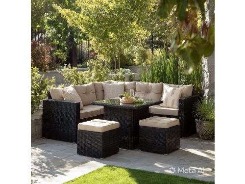 Tuinmeubelset 7 Personen Polyrotan Loungeset met Hoekbank, Eettafel en 2