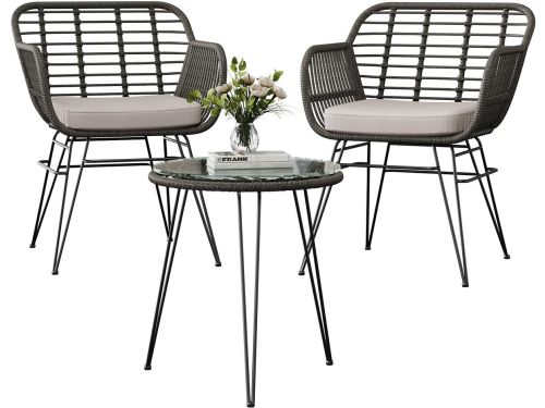 Tuinmeubelset Bistroset 3-delig, Rattan Stoelen met Afneembare Kussens en Tafel
