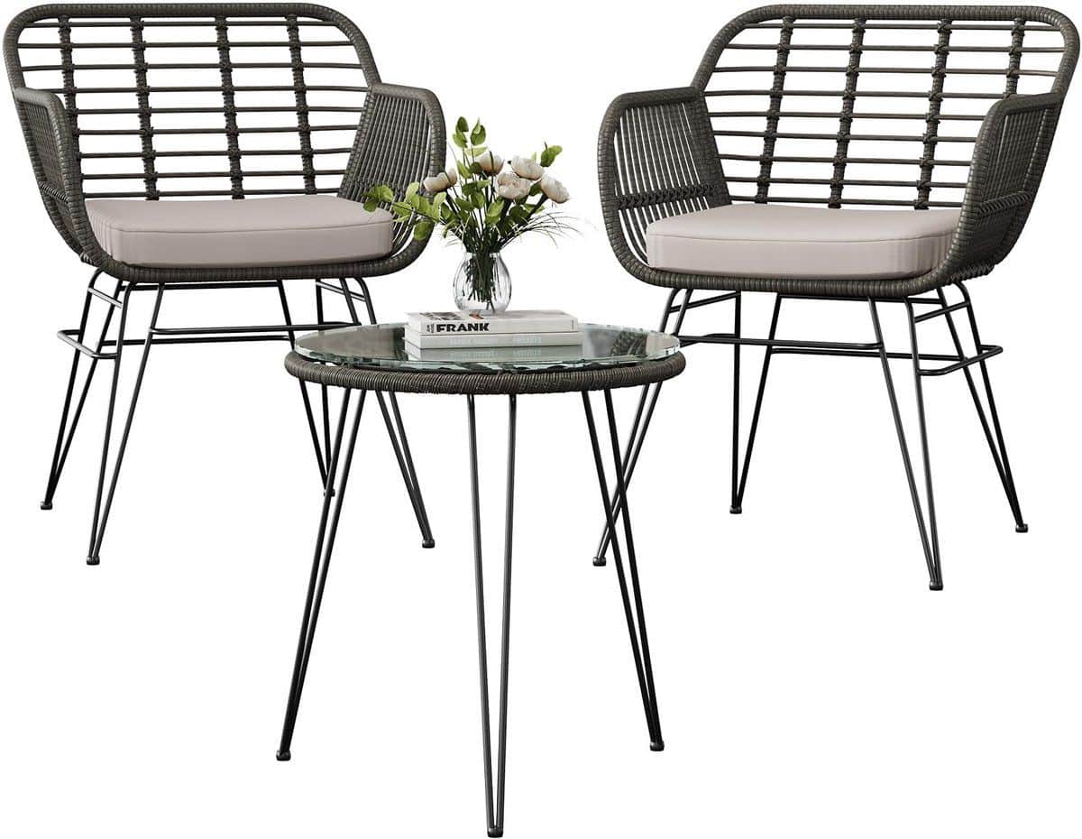 tuinmeubelset bistroset 3 delig, rattan stoelen met afneembare kussens en tafel