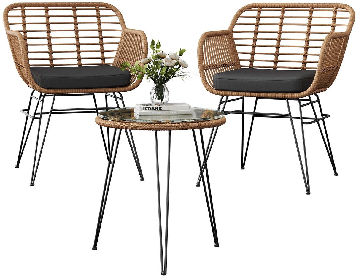 tuinmeubelset bistroset 3 delig, rattan stoelen met afneembare kussens en tafel