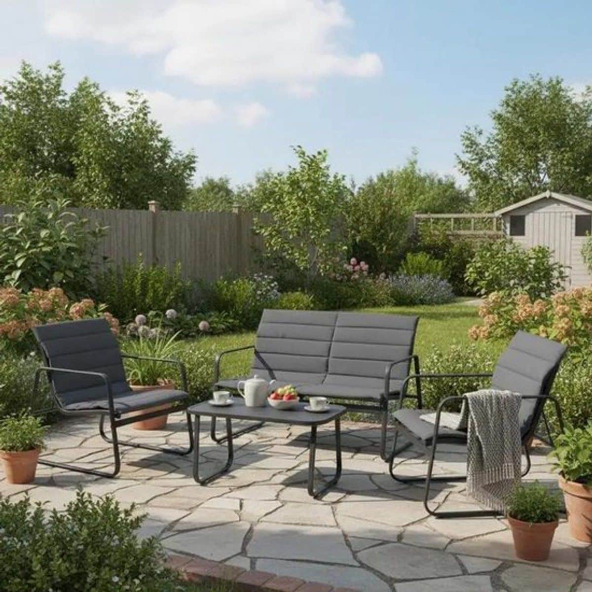 tuinmeubelset met 2 stoelen, bank, tafel & kussens