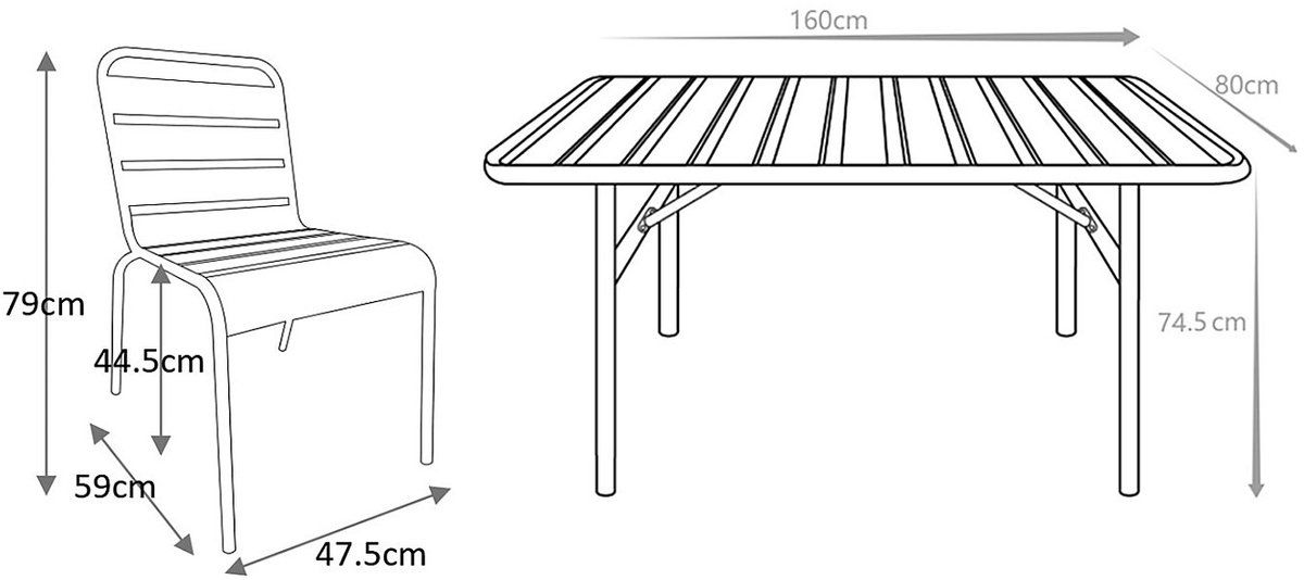 vente unique metalen tuinset met een tafel van 160 cm lang