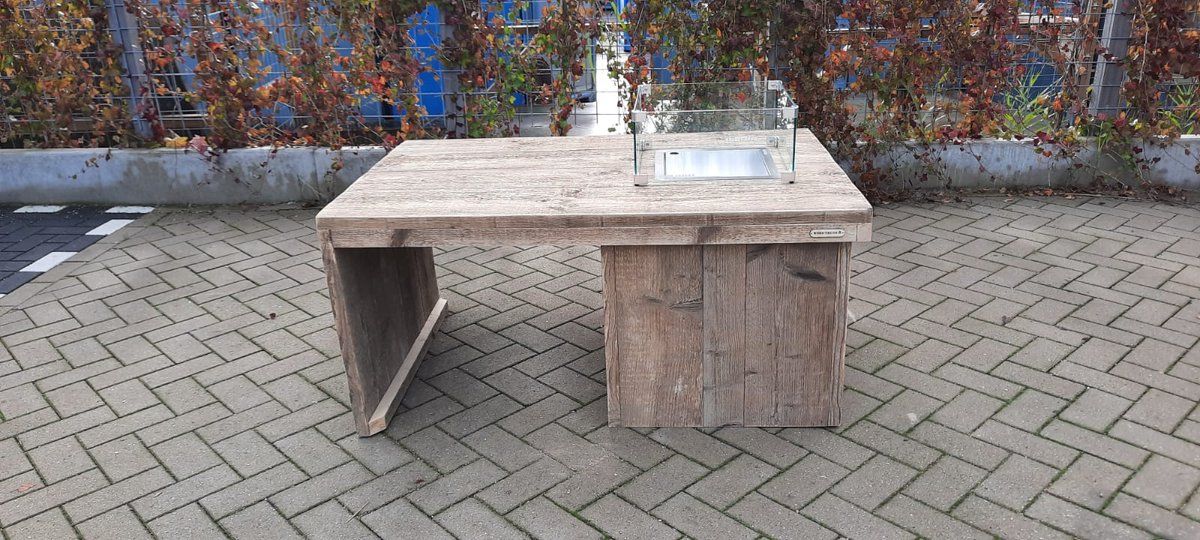 vuurtafel ”split” terrasverwarmer gebruikt steigerhout 80x120x55cm