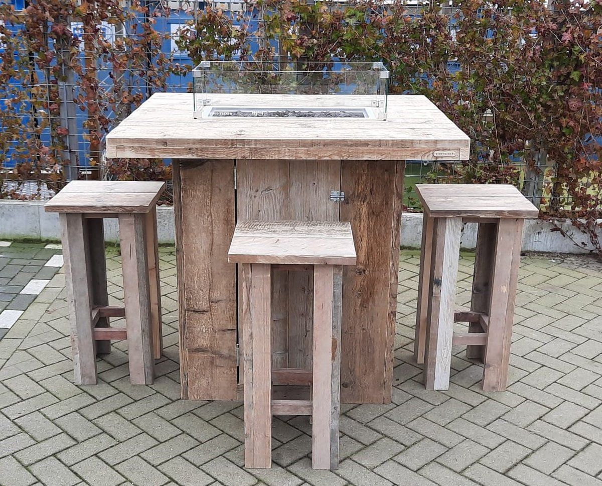 vuurtafel sta tafel set “celebration” van gebruikt steigerhout 100x120cm