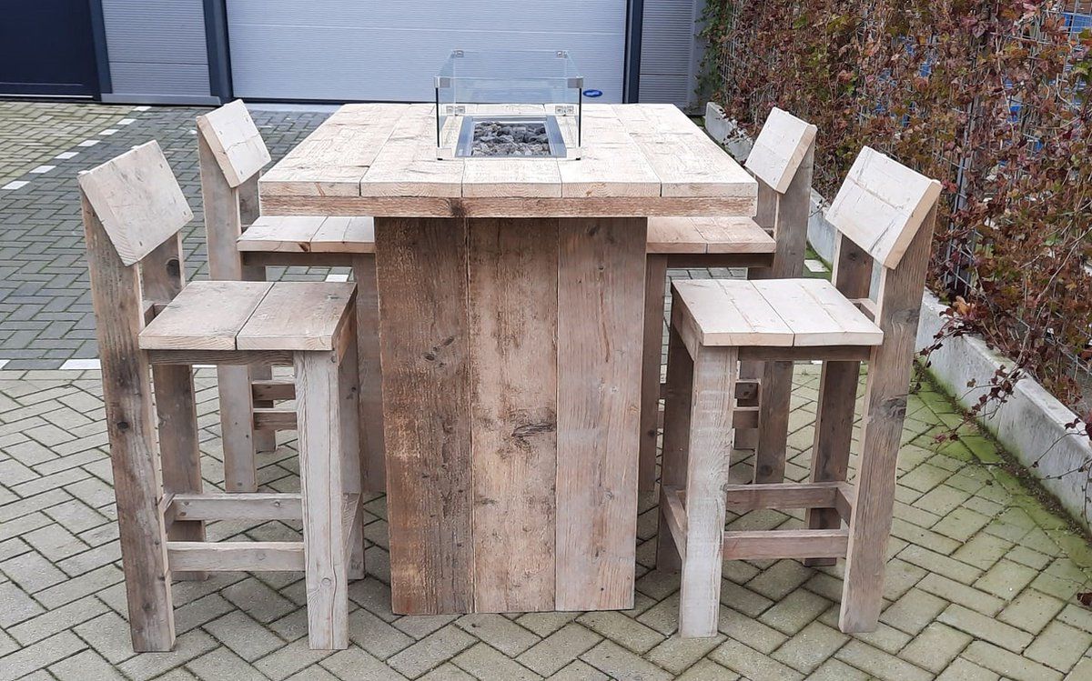 vuurtafel sta tafel set “celebration” van gebruikt steigerhout 100x120cm