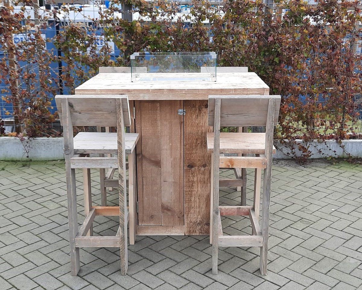 vuurtafel sta tafel set “celebration” van gebruikt steigerhout 80x120cm