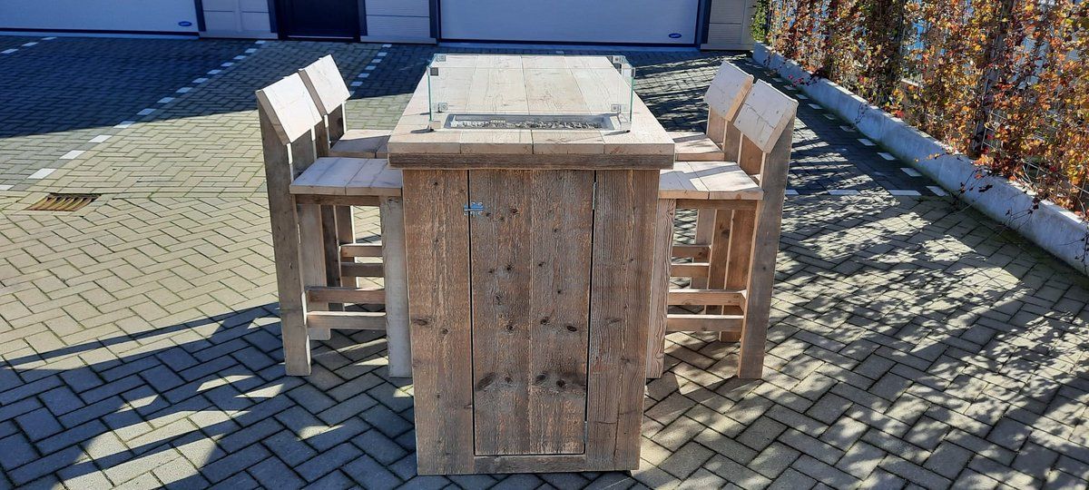 vuurtafel sta tafel set “split” van gebruikt steigerhout 80x160cm