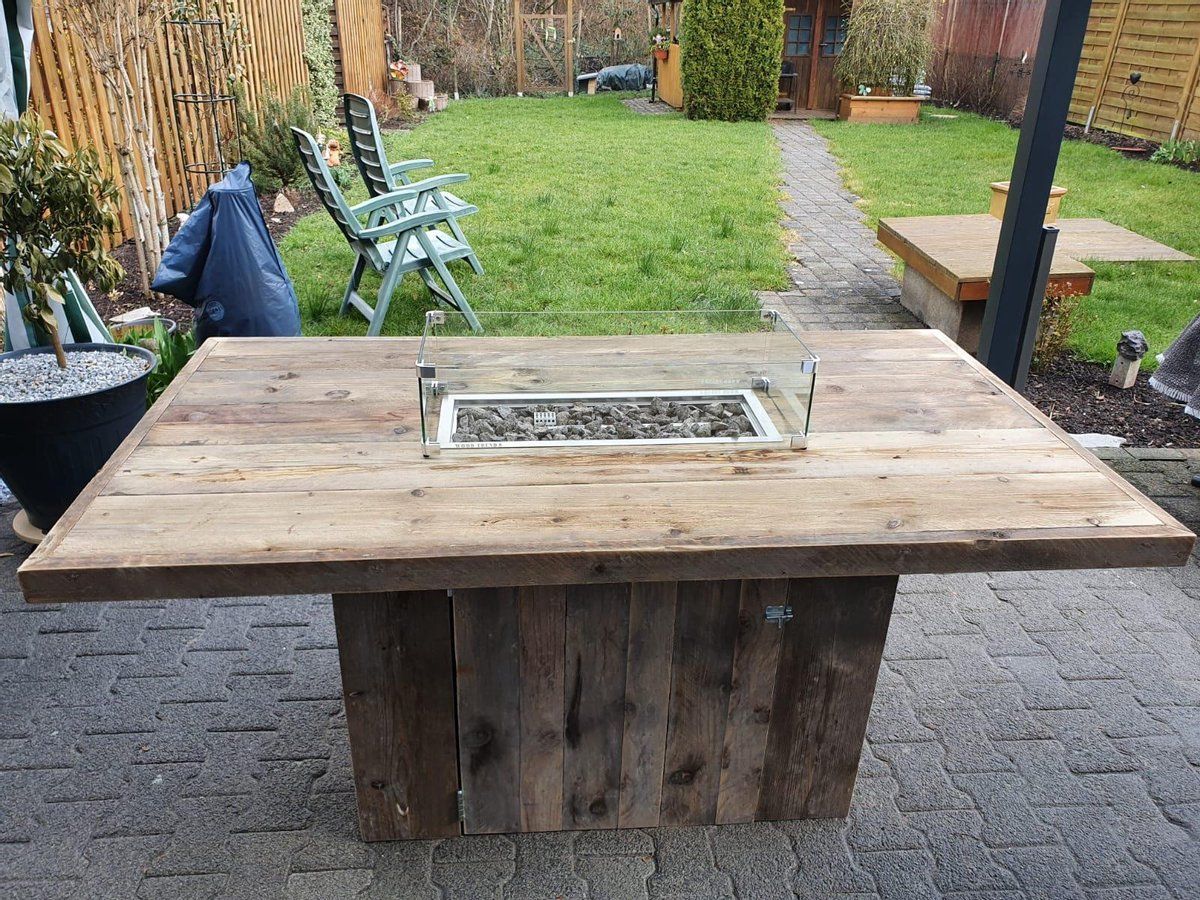 vuurtafel tree dining terrasverwarmer in gebruikt steigerhout 100x180x78cm