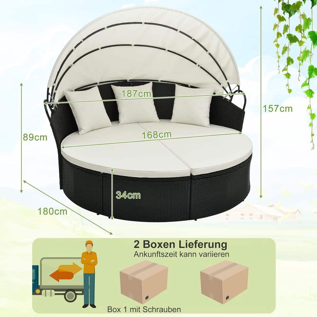 wicker zonne eiland 187×180 cm met opklapbaar dak