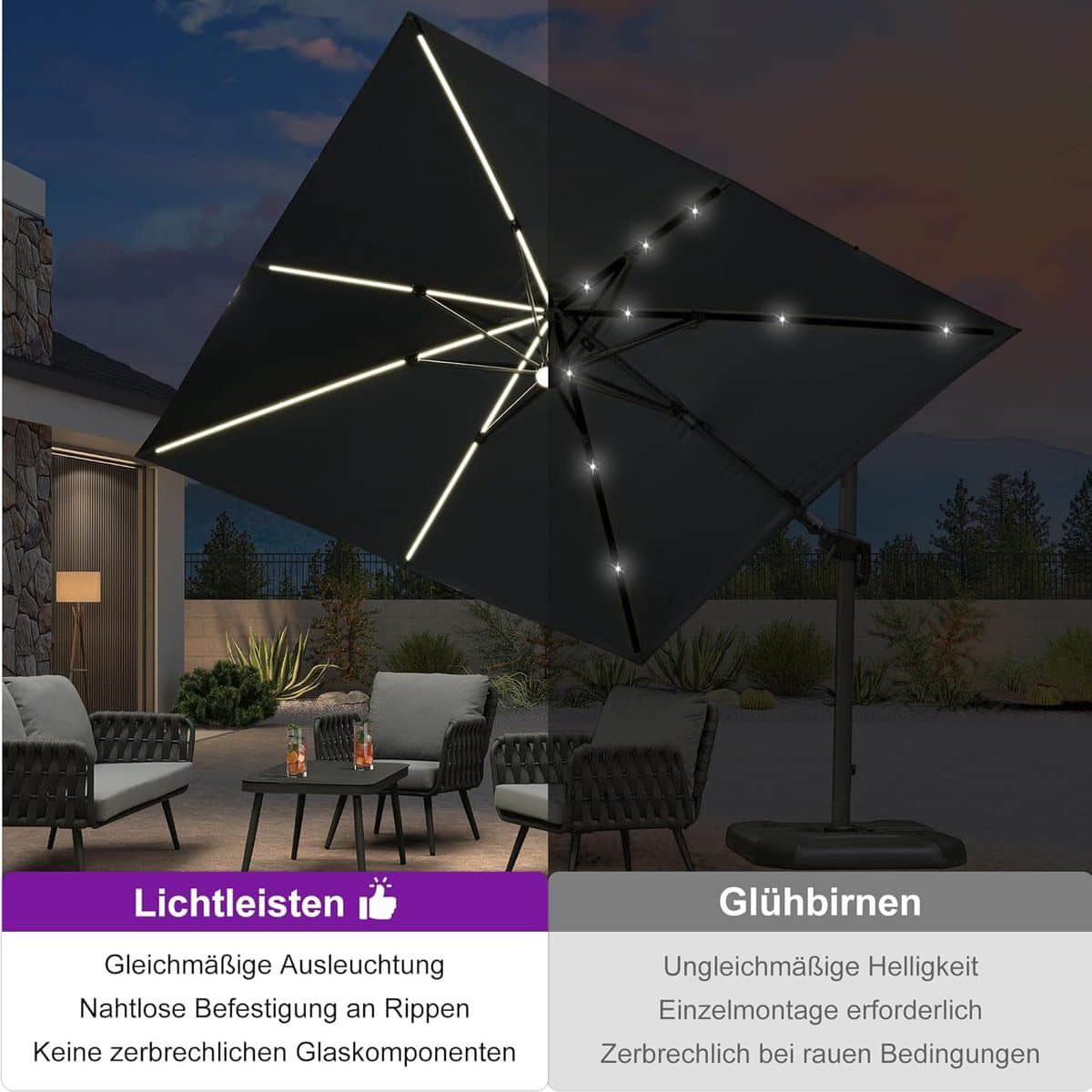 zweefparasol 300×300 cm met led verlichting 360° draaibaar