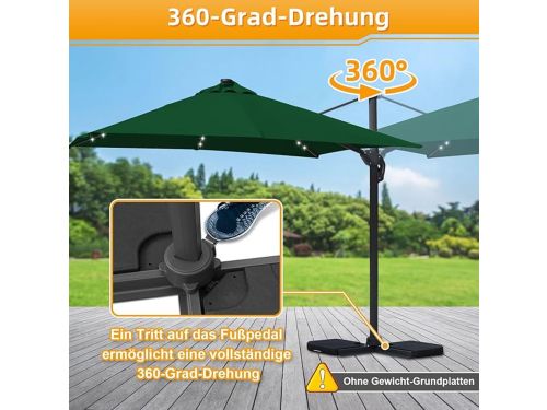 Zweefparasol 300x300 cm met LED Verlichting - 360° Draaibaar met