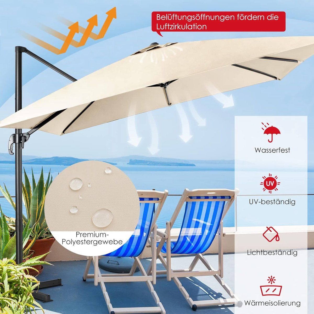 zweefparasol 300×300 cm vierkant 360° draaibaar kantelbaar met zwenkarm