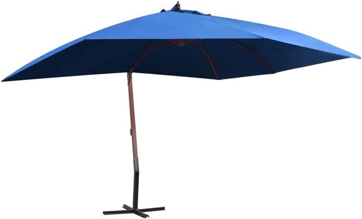 zweefparasol 400×300 cm met houten paal en ventilatieopening blauw