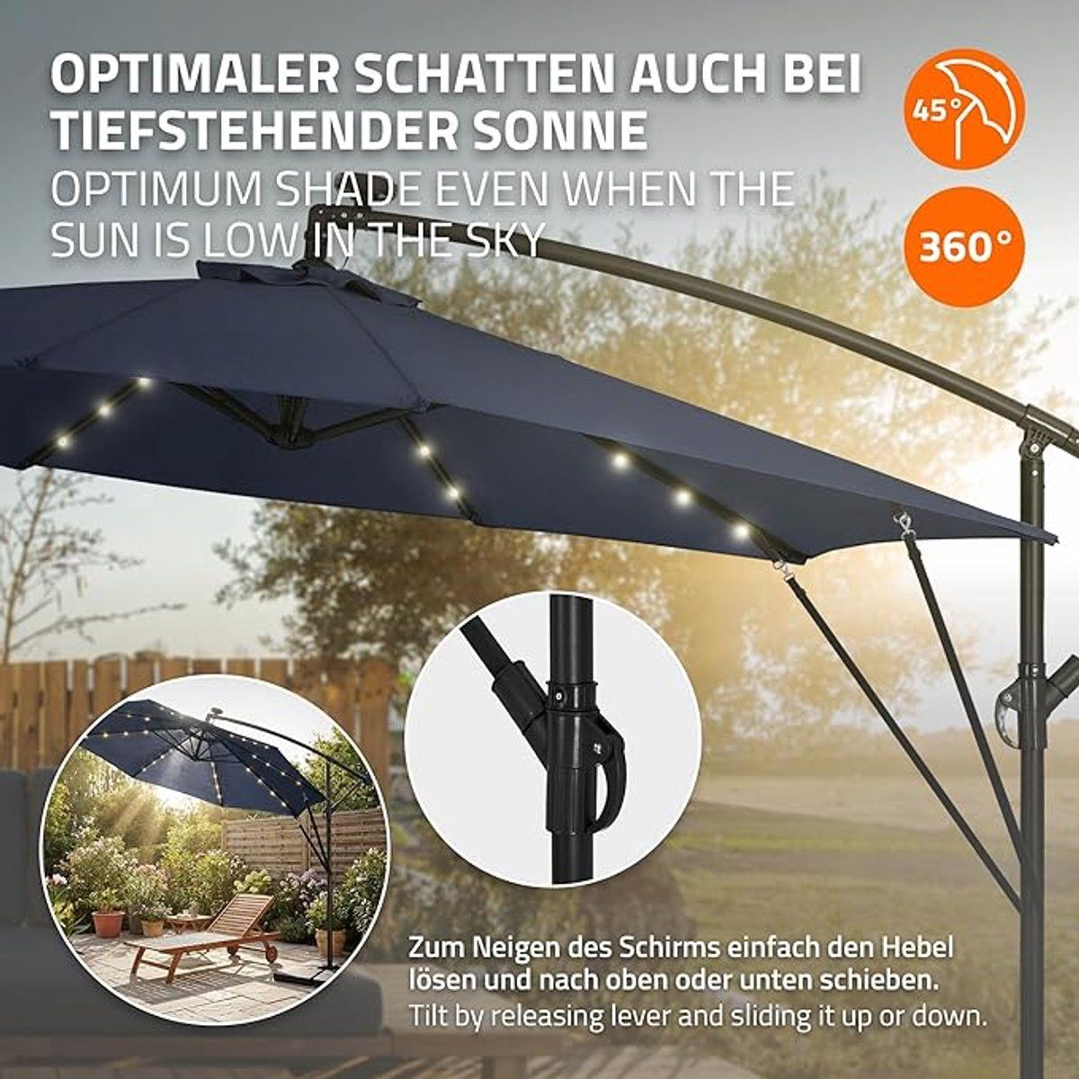 zweefparasol depauwonen 300 cm rond met led en zonnepaneel