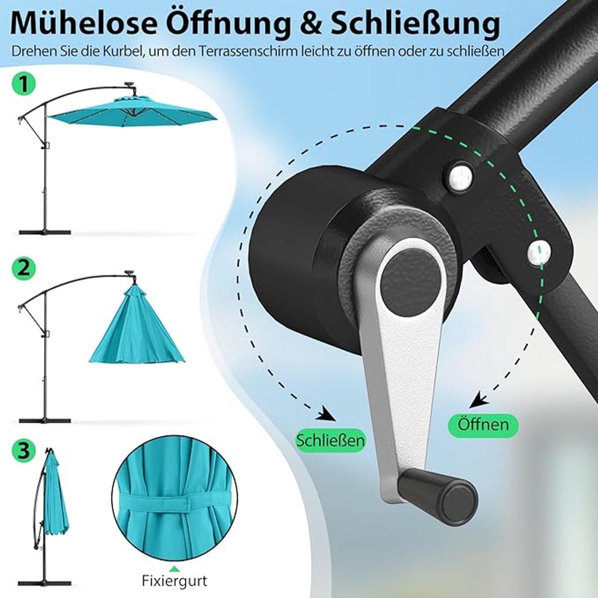 zweefparasol depauwonen Ø300 cm met led verlichting, zonne energie, draaibaar & kantelbaar