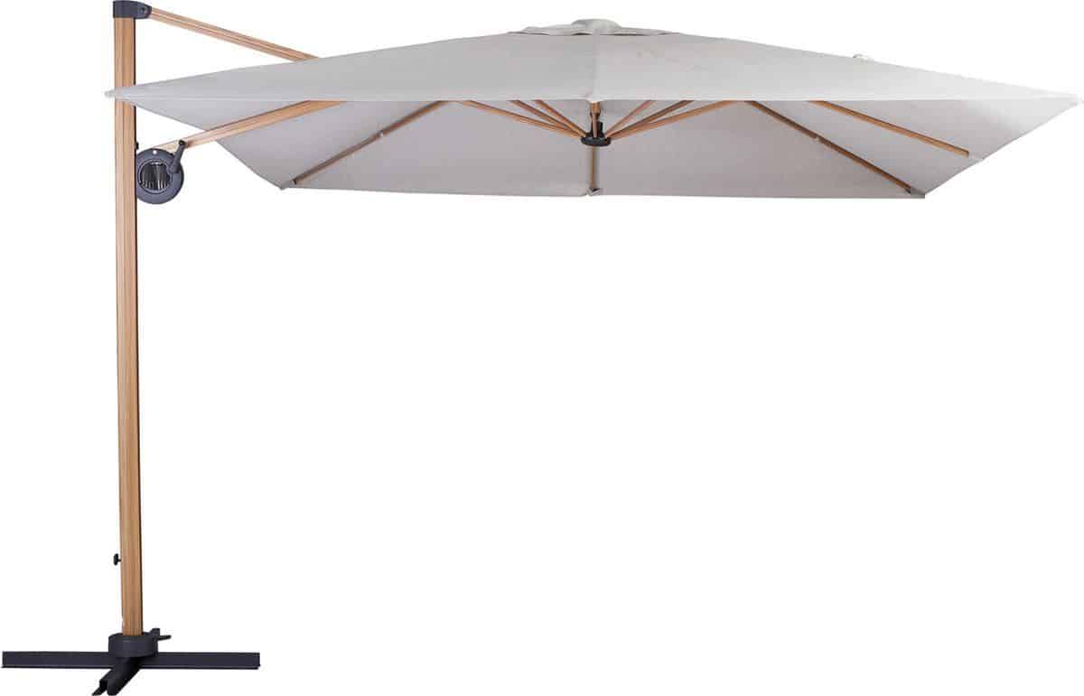 zweefparasol luxe teak hout motief aluminium 3x3m doek wit/grijs knikbaar